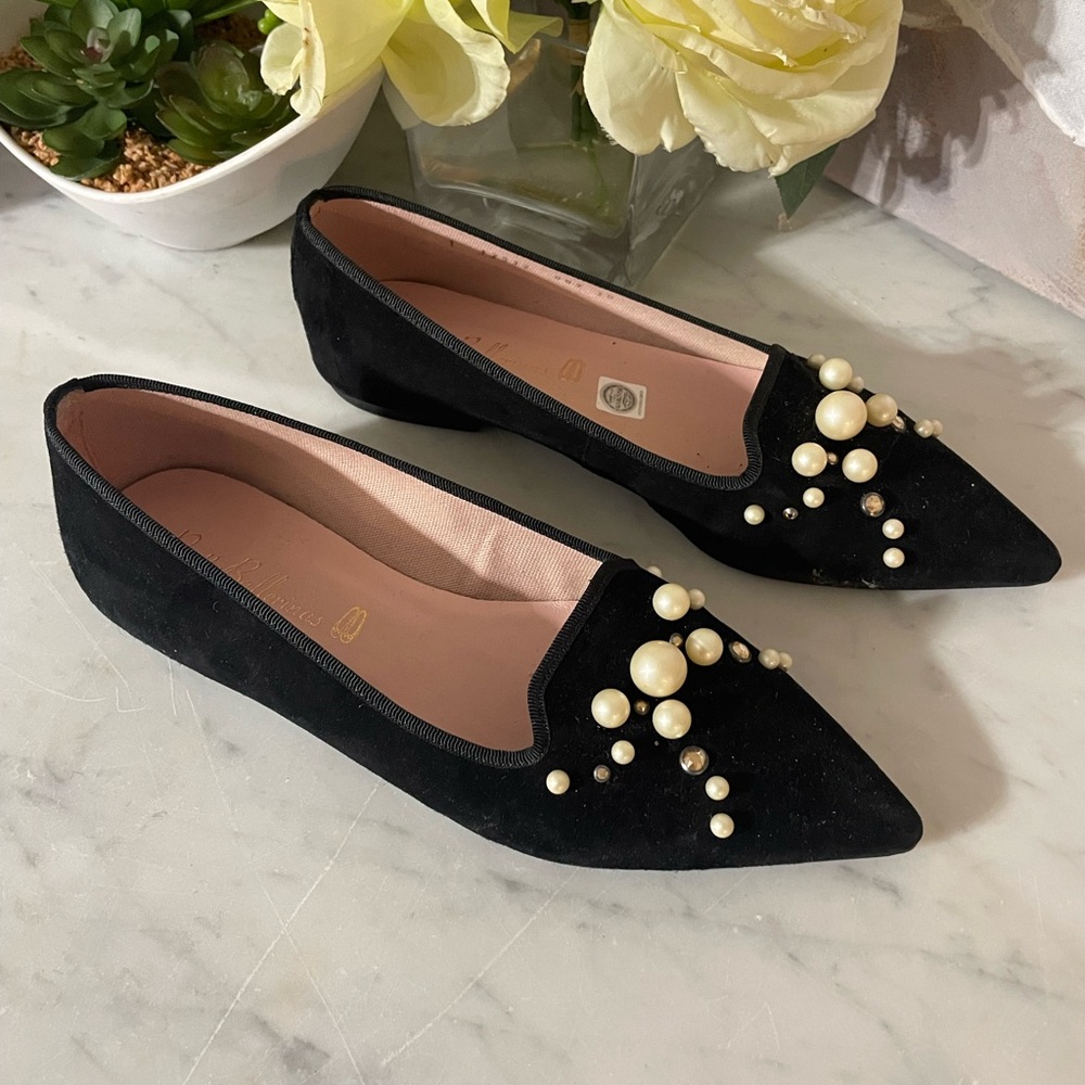 Pretty Ballerinas Ella Pearl and SWAROVSKI Black Suede Flats
